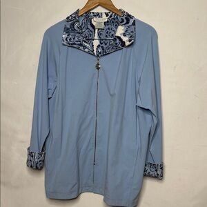 St. John Sport blue zip up leopard print collar and wrist cuffs thin jacket sz M